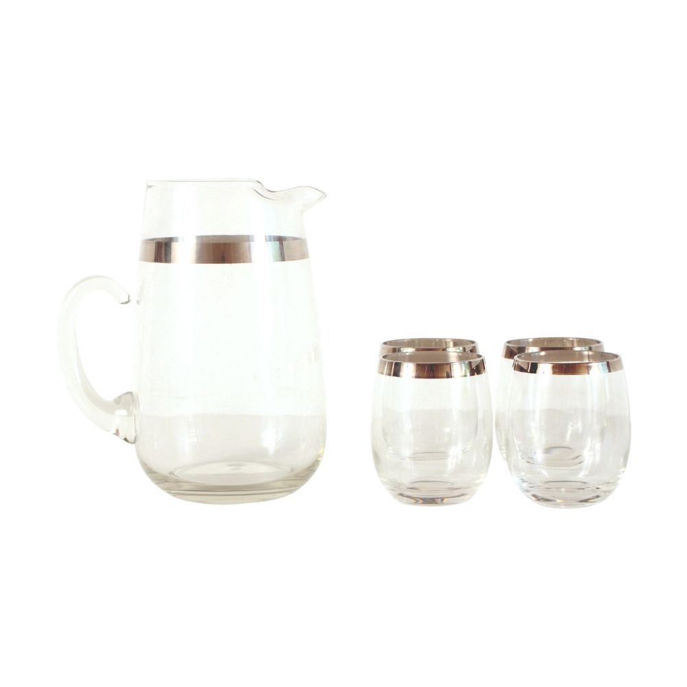 Mid Century Modern Dorothy Thorpe Silver Rimmed Glass Pitcher & Glasses