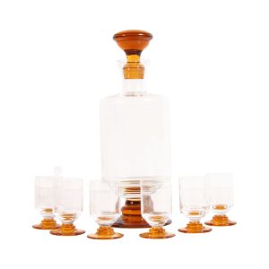 Vintage Hand Blown Amber Art Glass Decanter & 6 Cordial Glasses - Set of 7