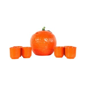 Vintage Italian Majolica Figural Orange Punch Bowl & 6 Glasses - Set of 7