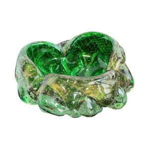 Vintage Italian Modern Barovier & Toso Green & Gold Murano Glass Catchall Bowl
