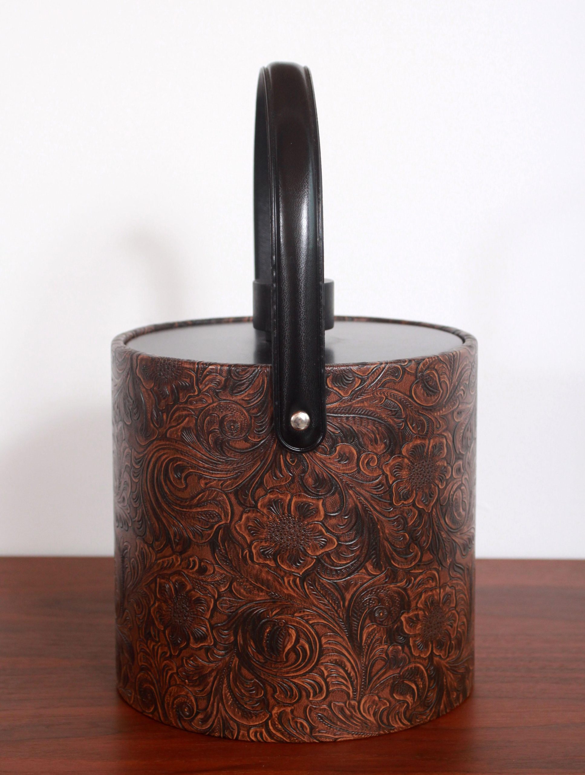 vintage-mid-century-faux-tooled-leather-ice-bucket-0172 vintage-mid-century-faux-tooled-leather-ice-bucket-0172