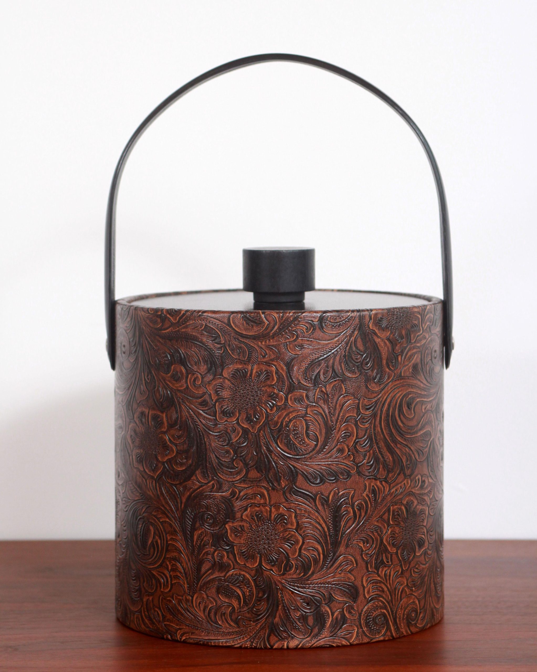 vintage-mid-century-faux-tooled-leather-ice-bucket-1263 vintage-mid-century-faux-tooled-leather-ice-bucket-1263