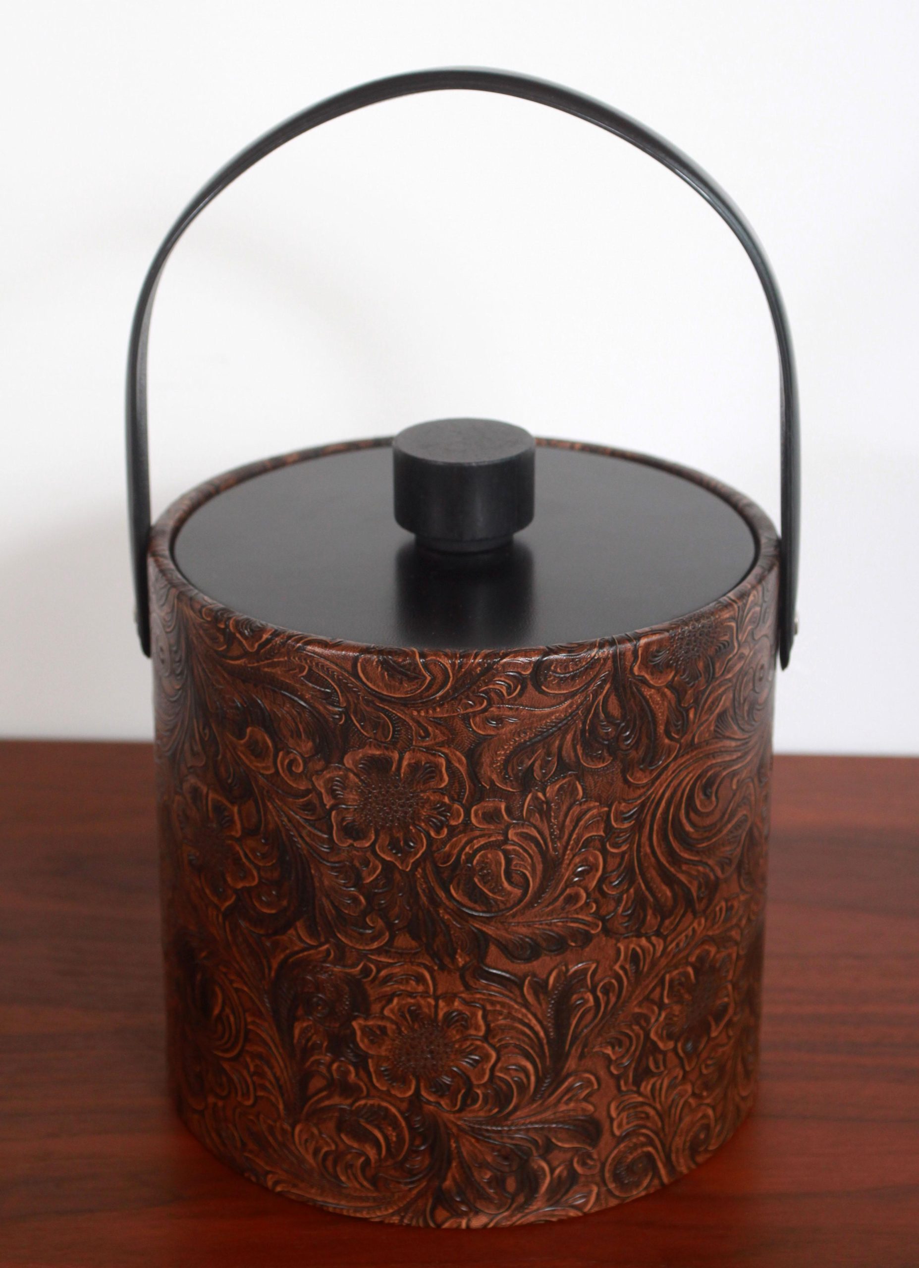 vintage-mid-century-faux-tooled-leather-ice-bucket-4728 vintage-mid-century-faux-tooled-leather-ice-bucket-4728