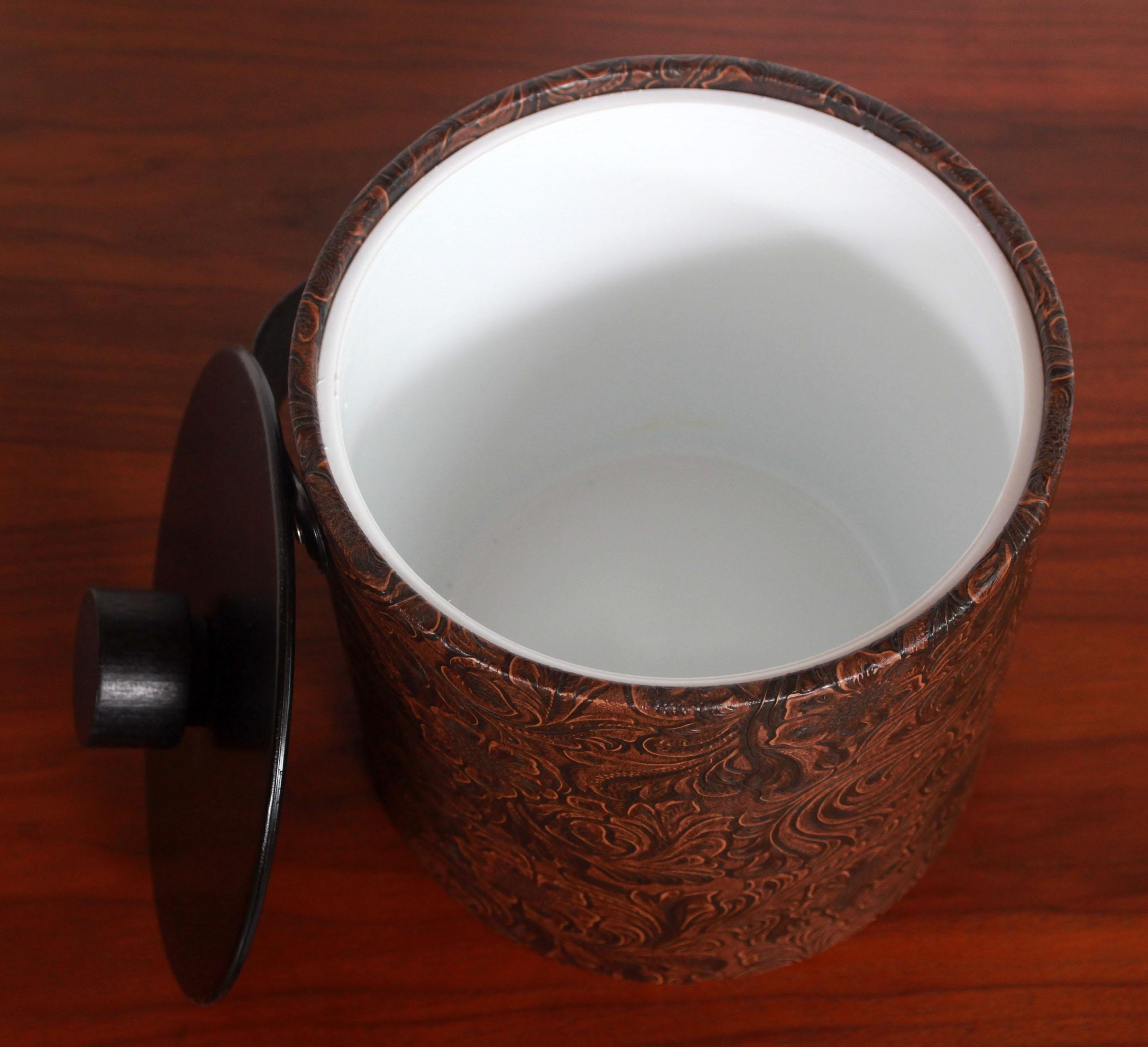 vintage-mid-century-faux-tooled-leather-ice-bucket-5661 vintage-mid-century-faux-tooled-leather-ice-bucket-5661